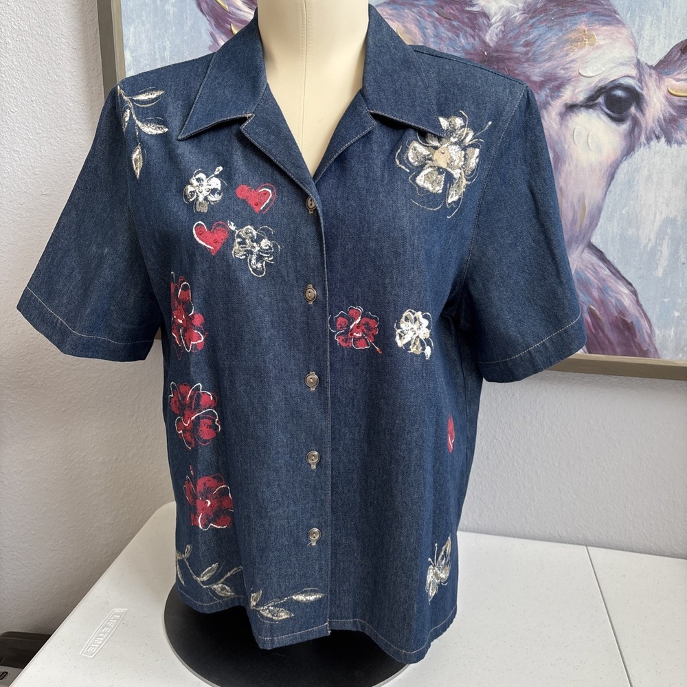 Koret City Blues Women's M VTG Painted Flowers Hearts Cotton Denim SS Button Up